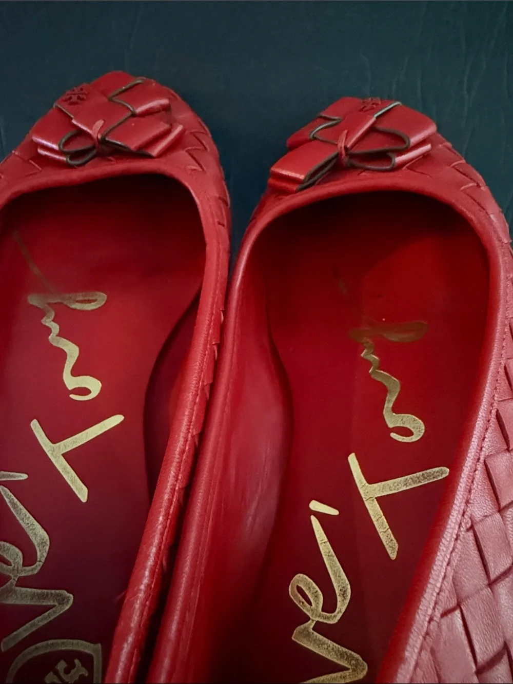 TORY BURCH  Red Woven Leather Ballet Flats 7.5 CORQUETTE Whimsical Workwear